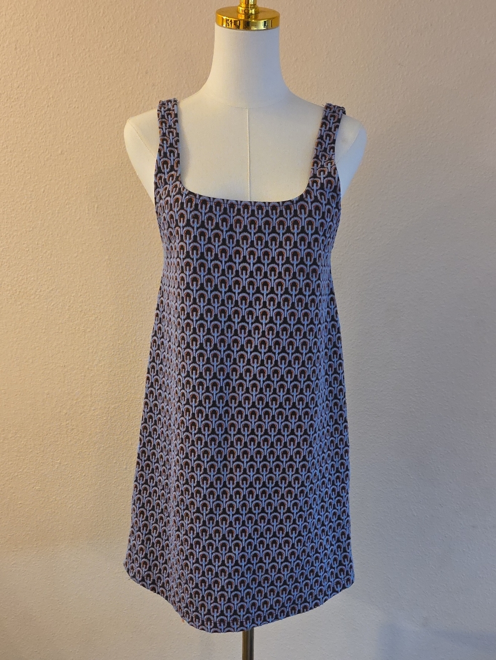 Zara Navy and Light Blue Geometric Square-Neck Mini Dress